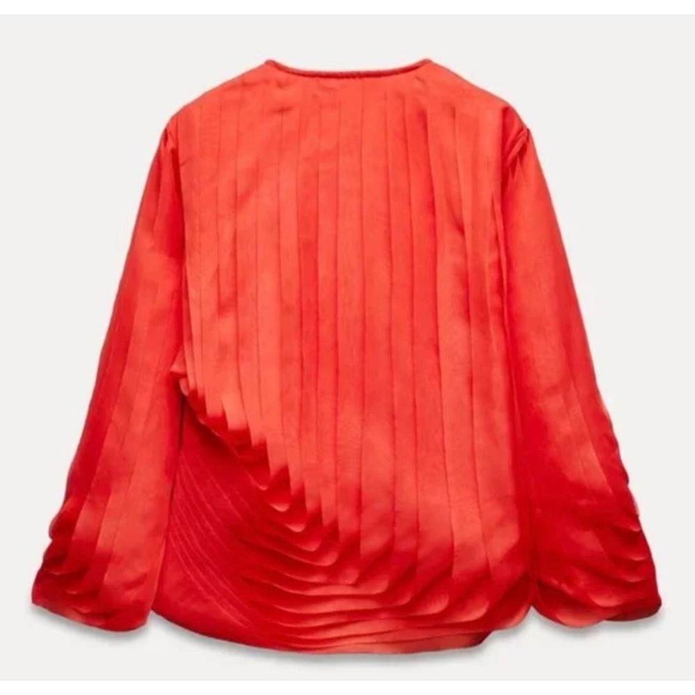 Zara Red Pleated‎ Organza Jacket Open Front Voluminous Sleeve XL - Picture 5 of 6
